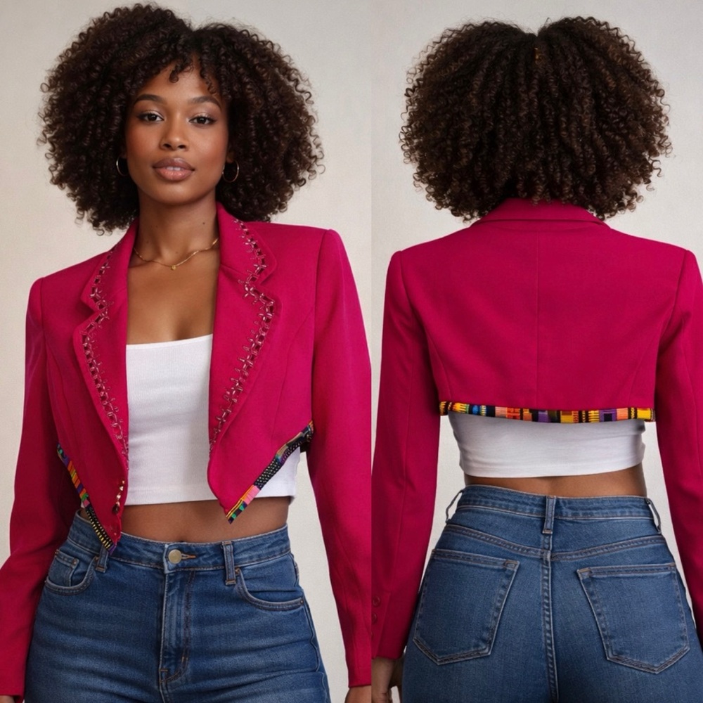 Vintage KB For Stella Louise Pink Bead Embellished Cropped Blazer African Print